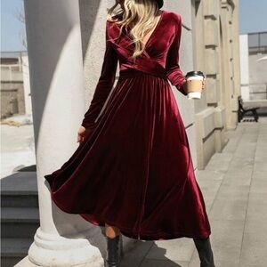 Velvet Surplice Wrap puff Long Sleeve Party Evening Dress